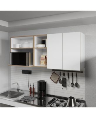 Wall-Mounted Kitchen Cabinet with Microwave Space, Open Shelves, and Double Doors