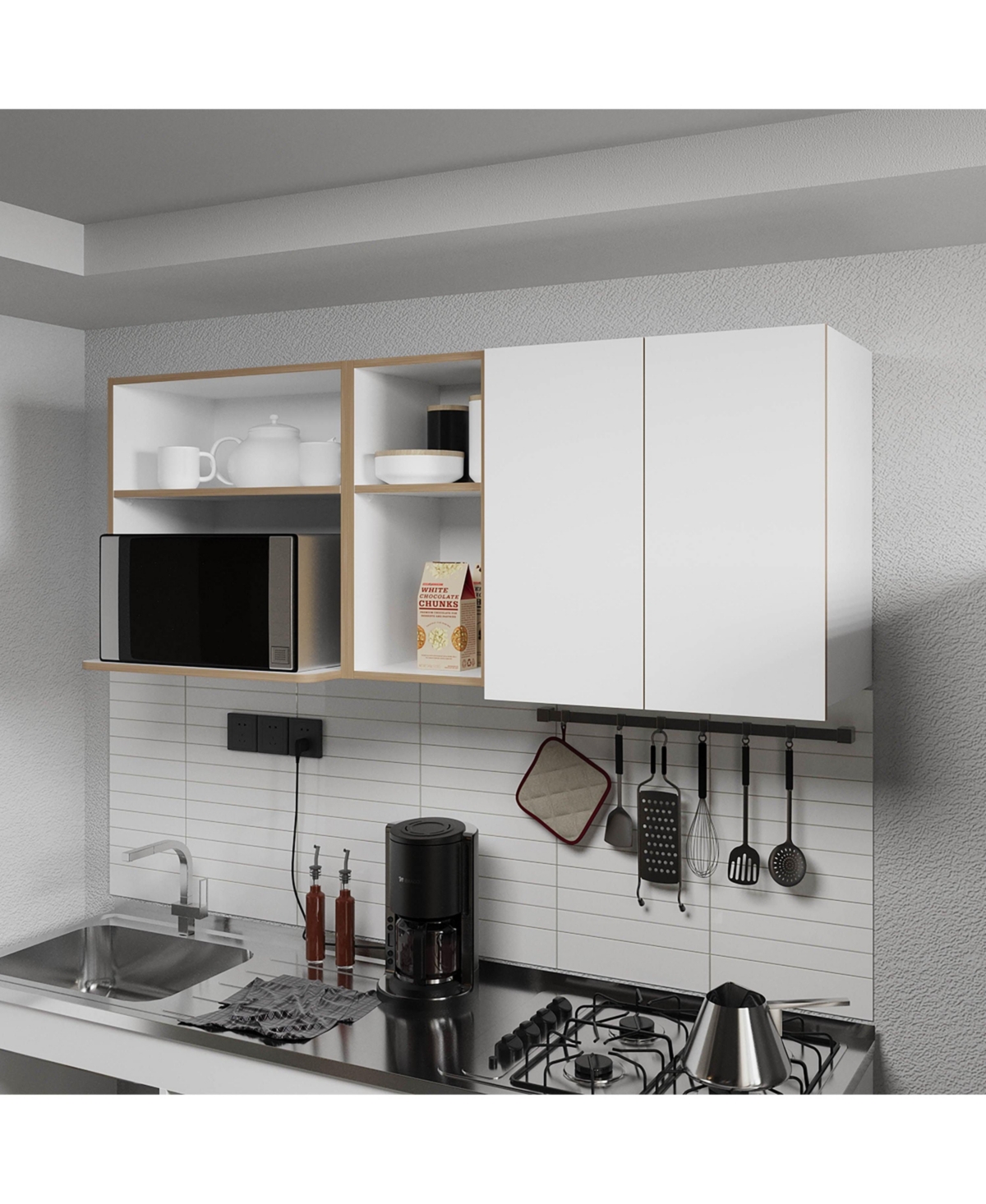 Fm Furniture Wall-Mounted Kitchen Cabinet with Microwave Space, Open Shelves, and Double Doors