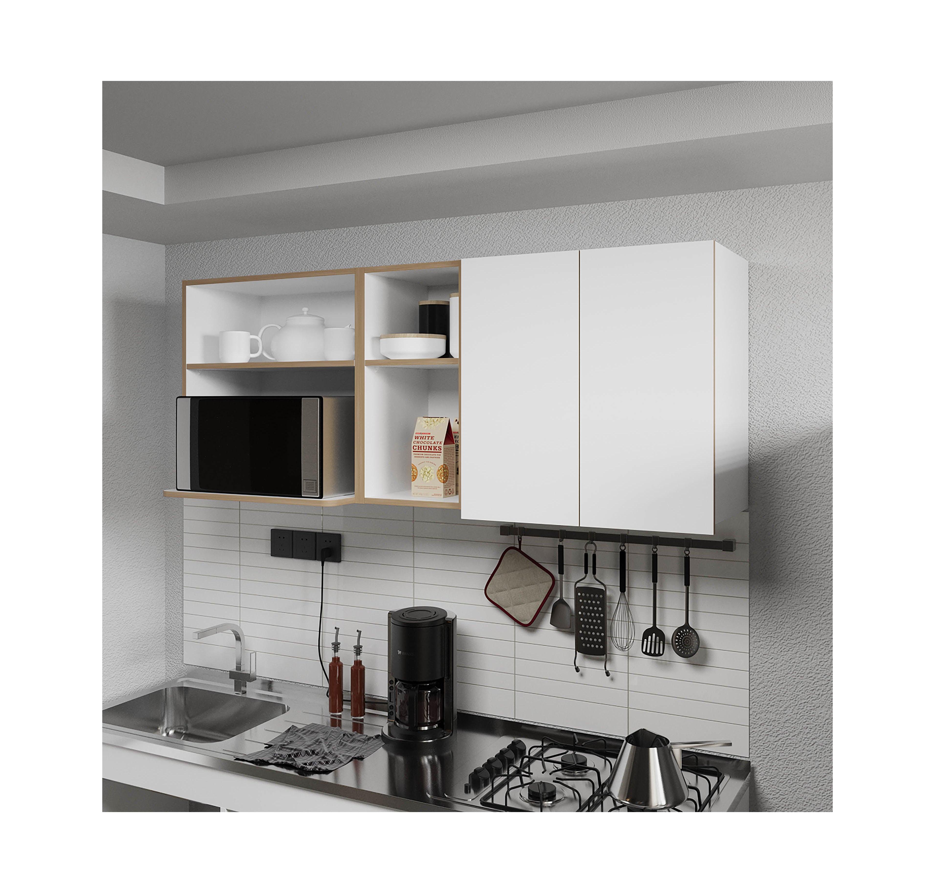 Fm Furniture Wall-Mounted Kitchen Cabinet with Microwave Space, Open Shelves, and Double Doors