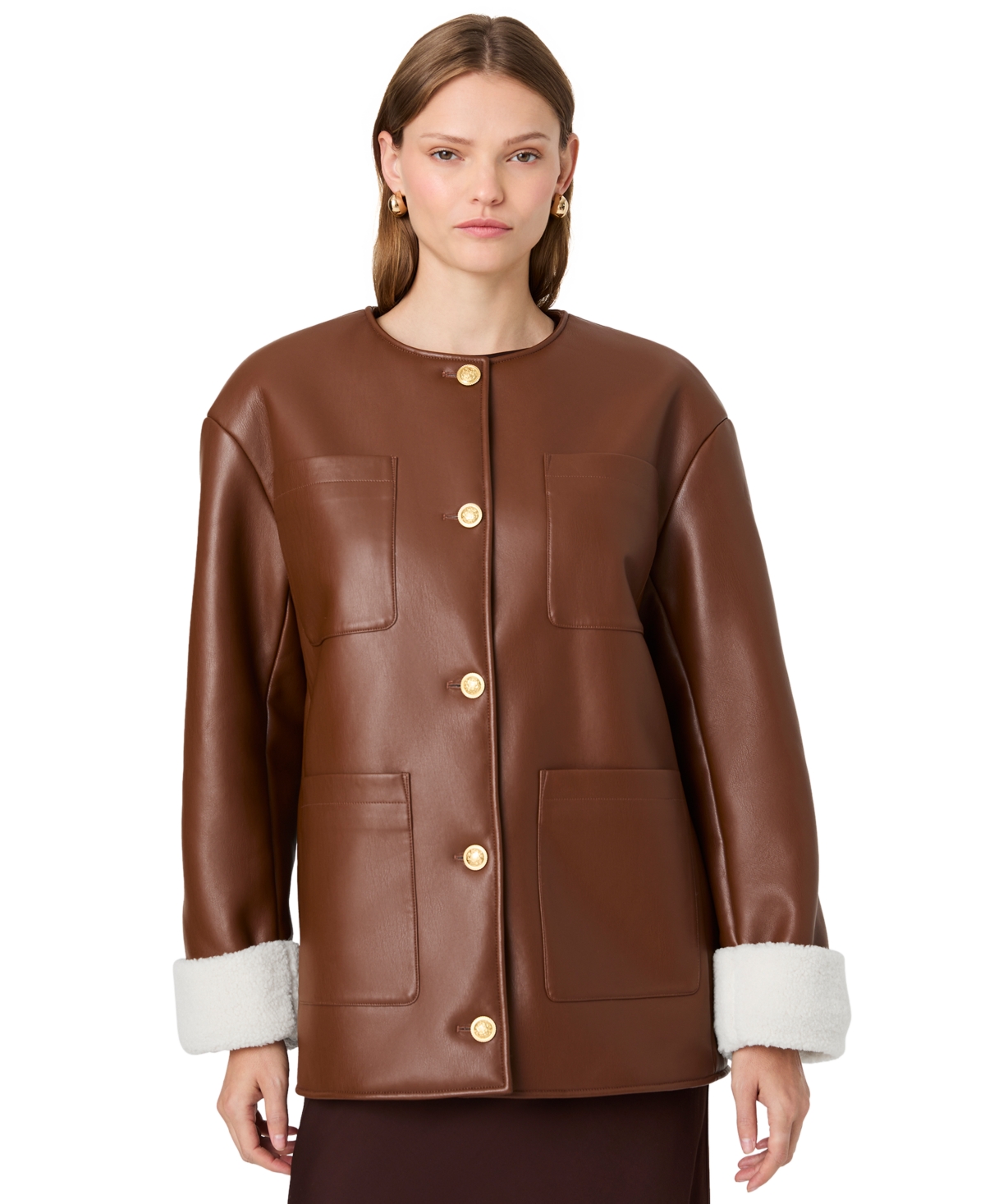 French Connection Women's Porto Faux Leather Sherpa-Lined Long-Sleeve Coat