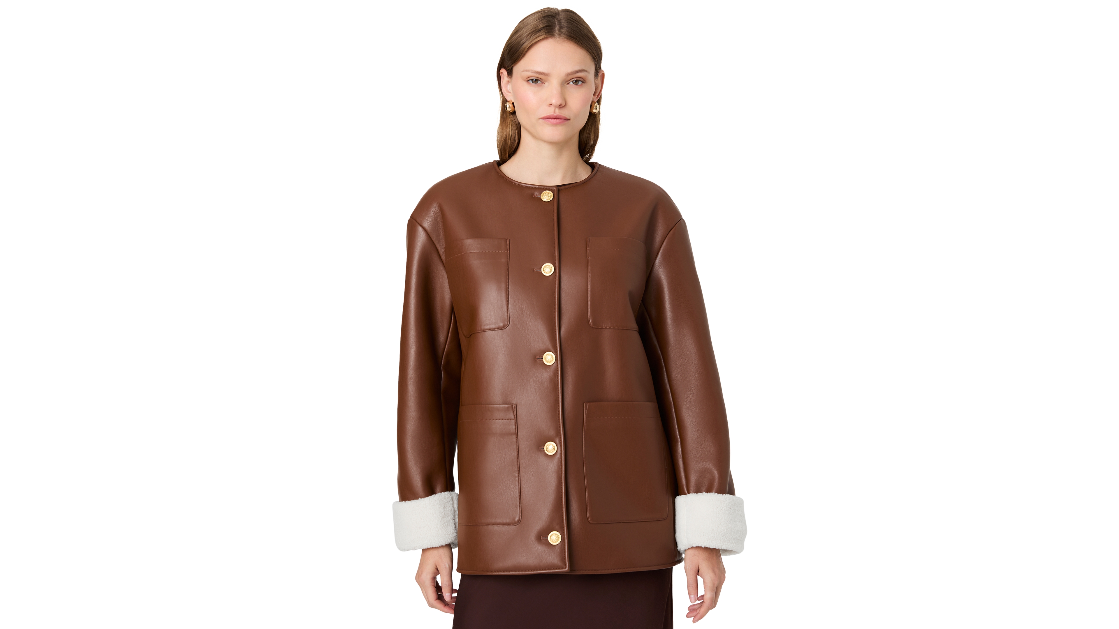 French Connection Women's Porto Faux Leather Sherpa-Lined Long-Sleeve Coat