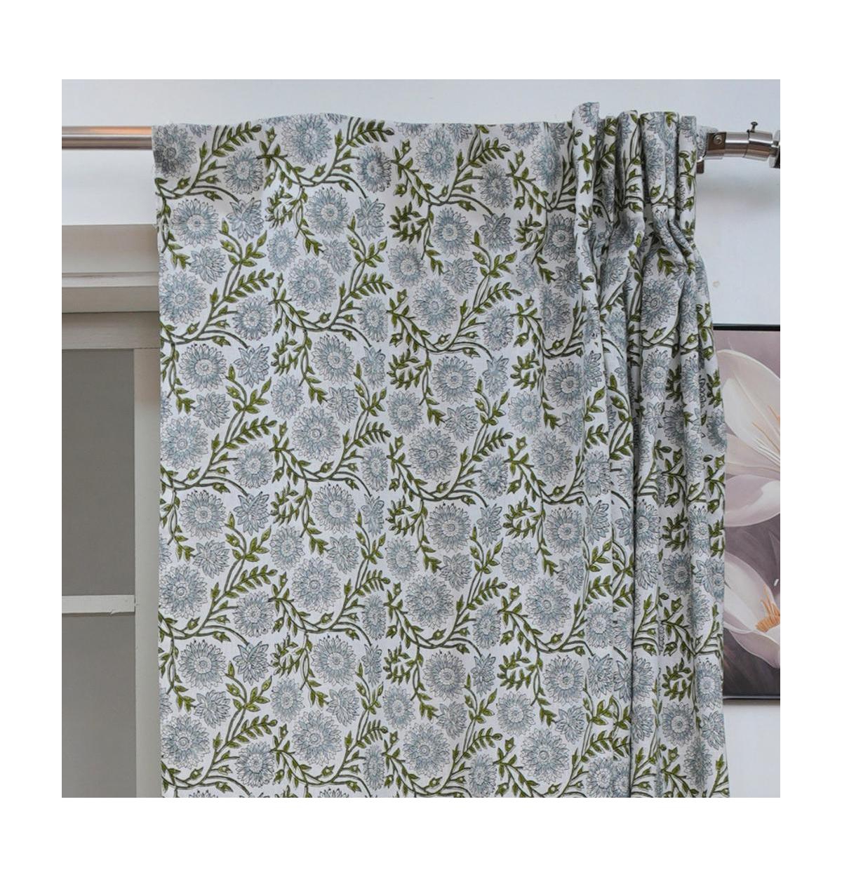 Fabdivine Bohemian Floral Handmade Linen Curtain Nature Block Print Window Panel Rajat