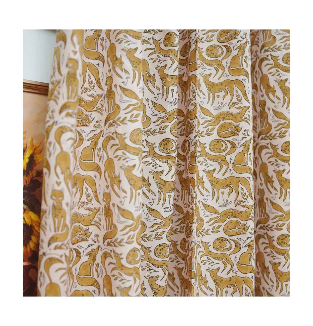 Fabdivine Gheravan Mustard Boho Animal Block Print Linen Curtain