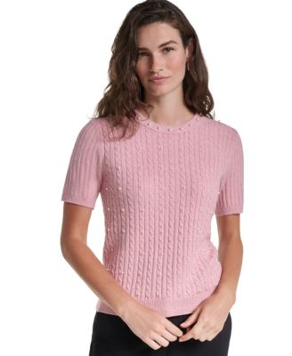 Women's Cable-Knit Crewneck Short-Sleeve Sweater