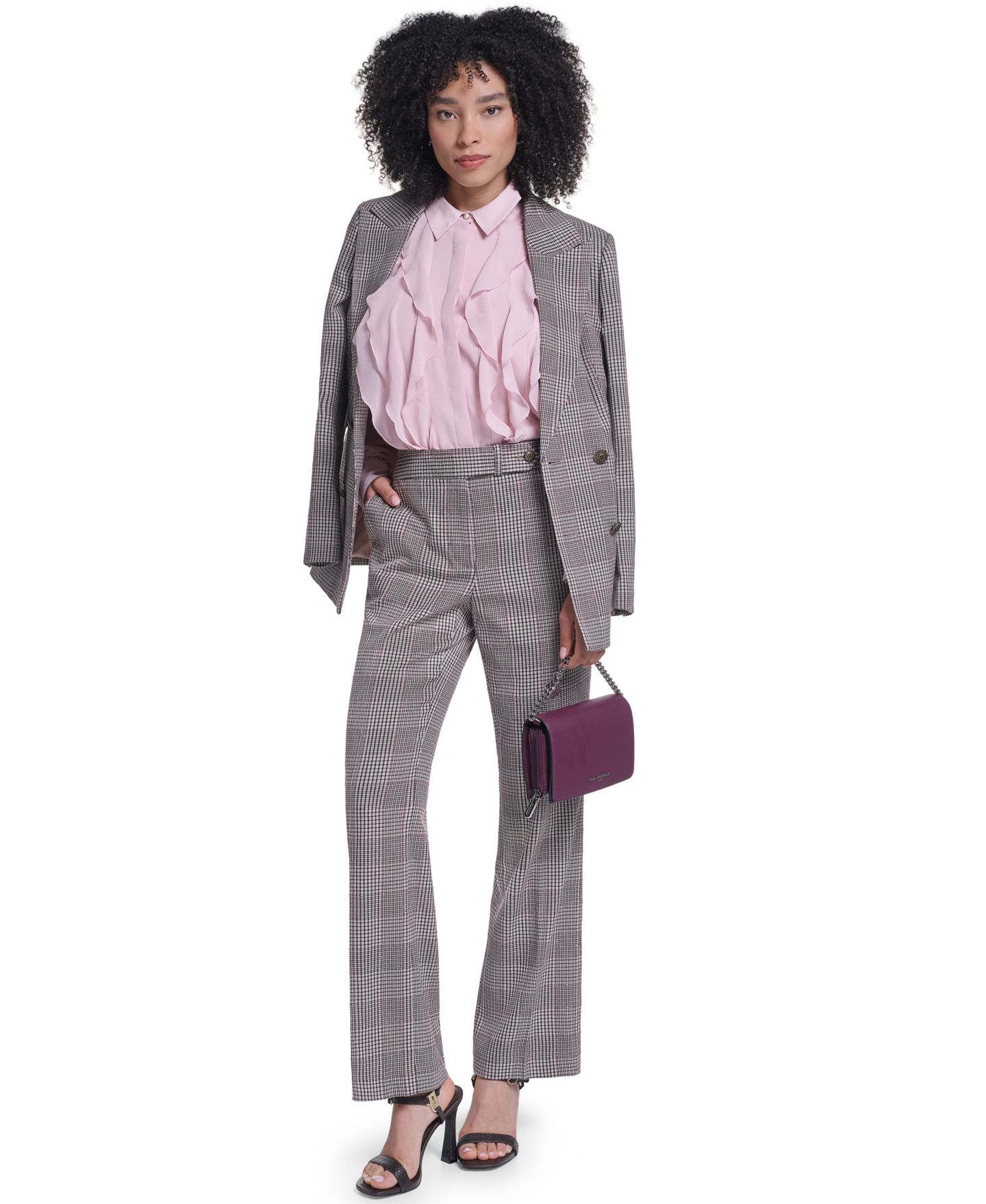 Женские брюки KARL LAGERFELD PARIS Plaid Wide-Leg Mid-Rise Dress Pants, цвет: Глиняный разноцветный — фото 6