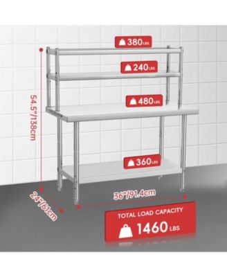 Heavy Duty Stainless Steel Work Table with Overshelf - Commercial Prep Table plus Storage Shelf - for Restaurant, Kitchen, - Multiple Sizes