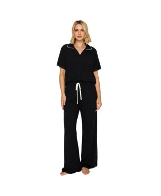 Women's Yummy Jersey Notched Collar and Wide Leg Pants Set