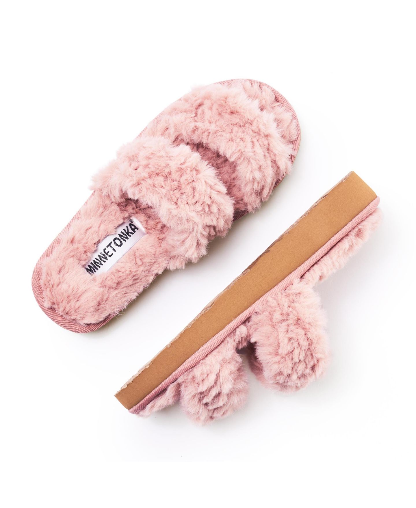 Женские тапочки Minnetonka Teddy Two Band Faux Fur Slippers, цвет: Пудровый — фото 4