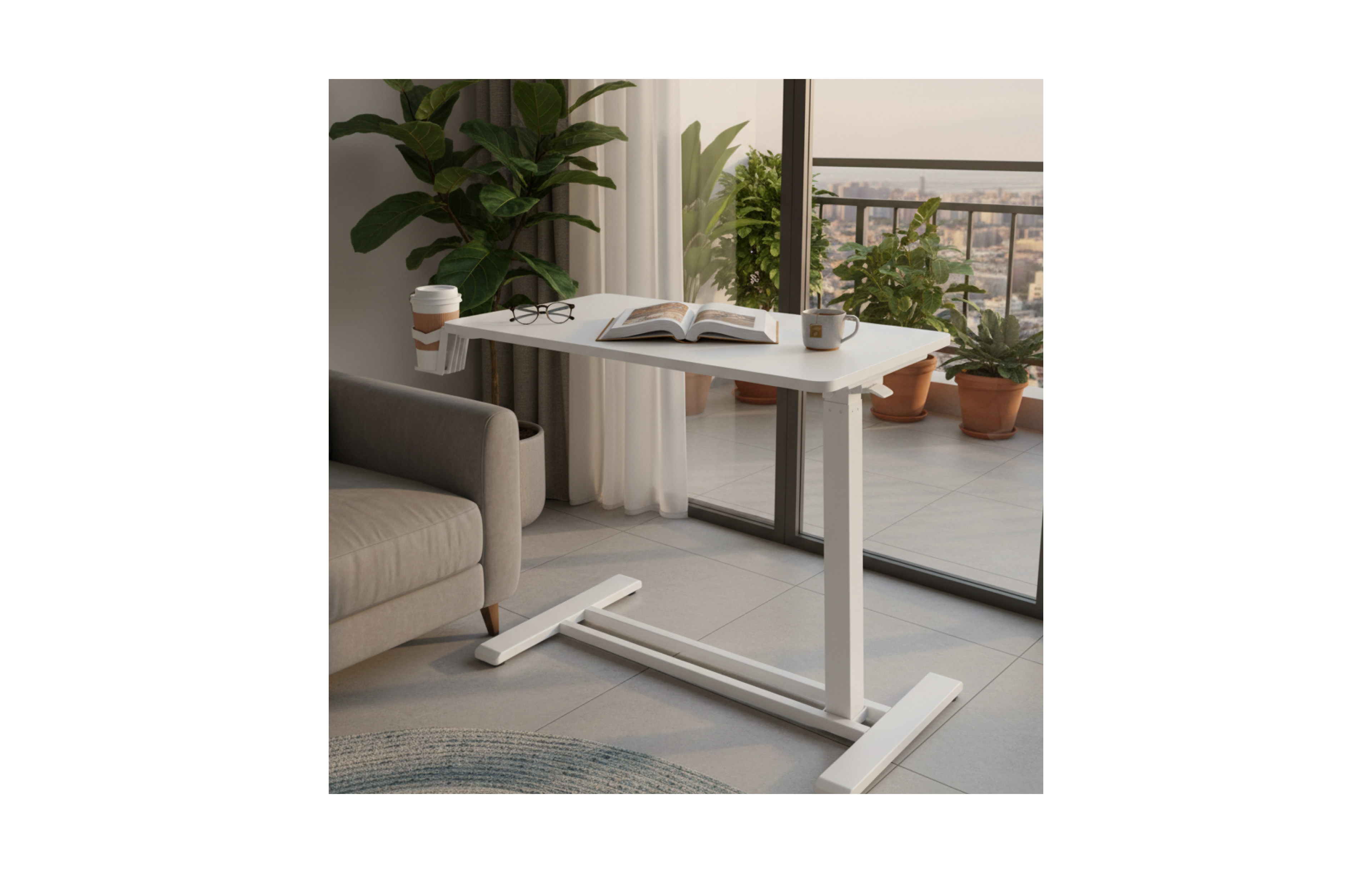 Flexispot H7 Pneumatic Height-Adjustable Overbed Side Table, 28" x 16", White - H7W-2816