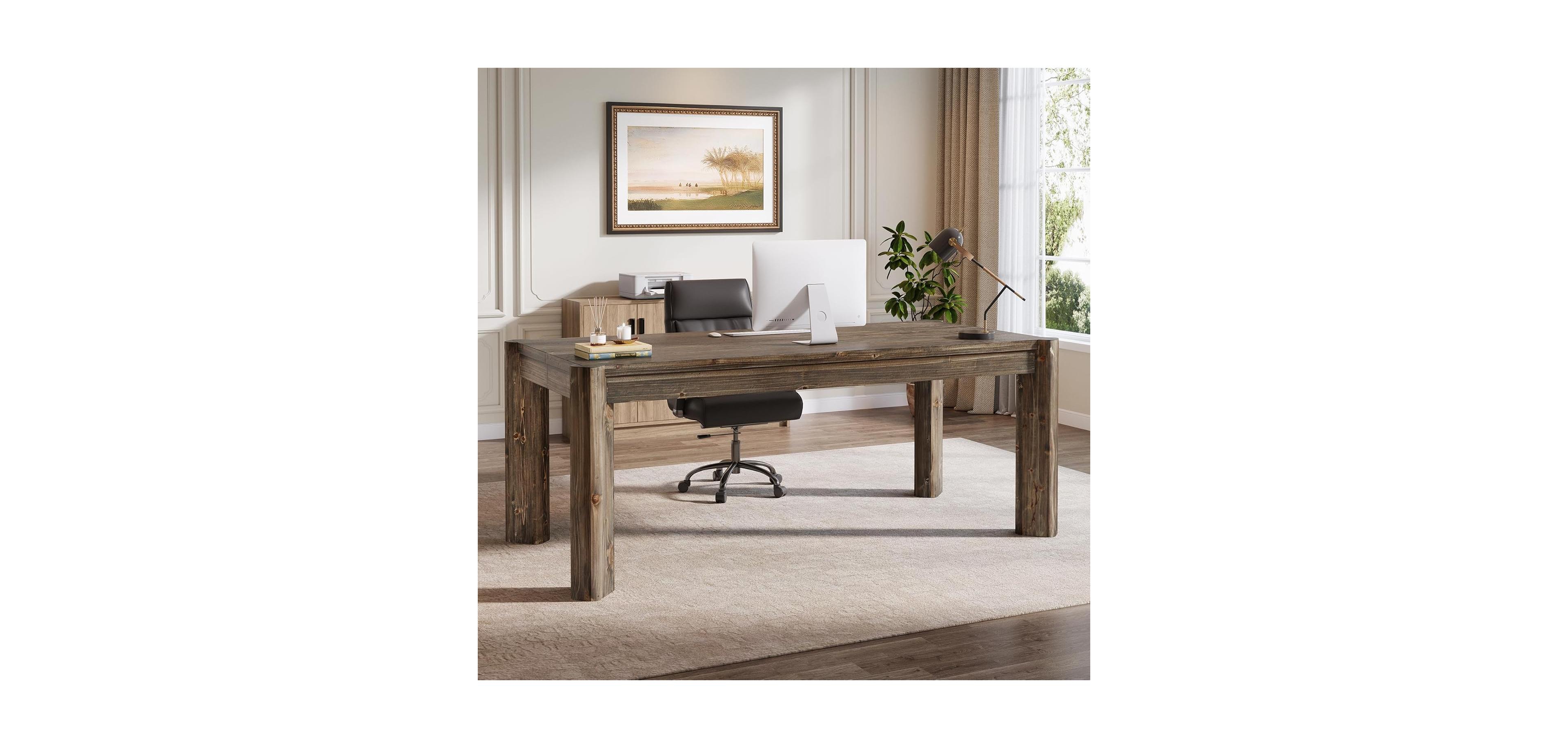 Tribesigns 63" Solid Wood Executive Desk, Farmhouse Home Office Computer Desk,Large Simple Study Table Business Workstation for Office,Wood Legs