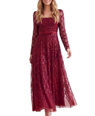 Women's Bow Lattice Long Sleeve Sequin Gown