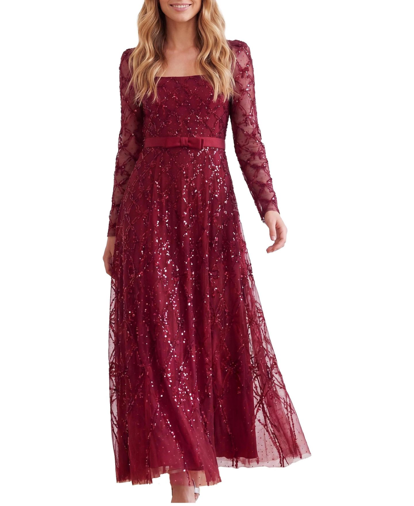 Женское платье Needle & Thread Bow Lattice Long Sleeve Sequin Gown, цвет: Гранатовый — фото 1