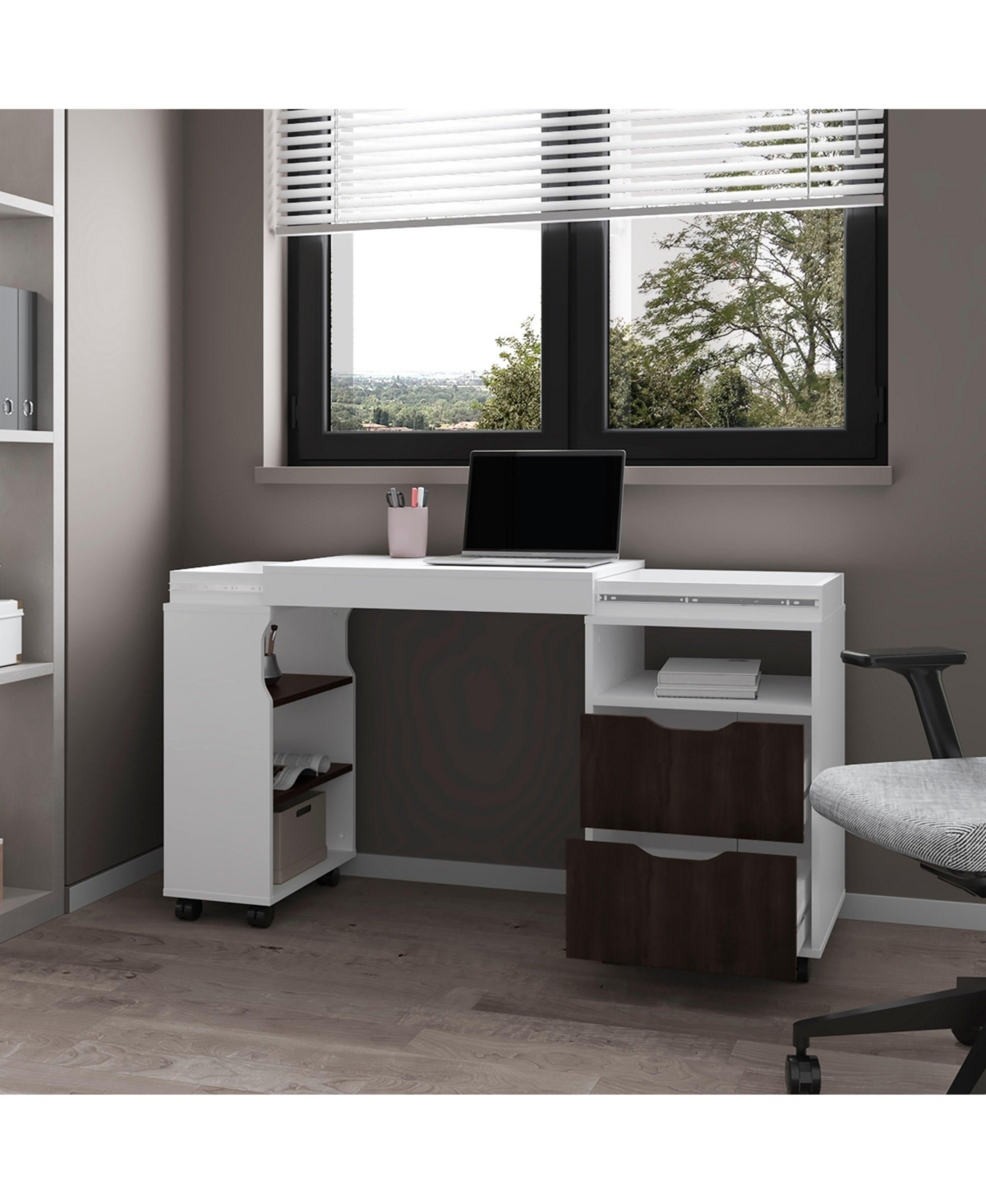 Fm Furniture Loris Extendable Desk with Two Drawers, Open Shelves, and Sliding Mechanism