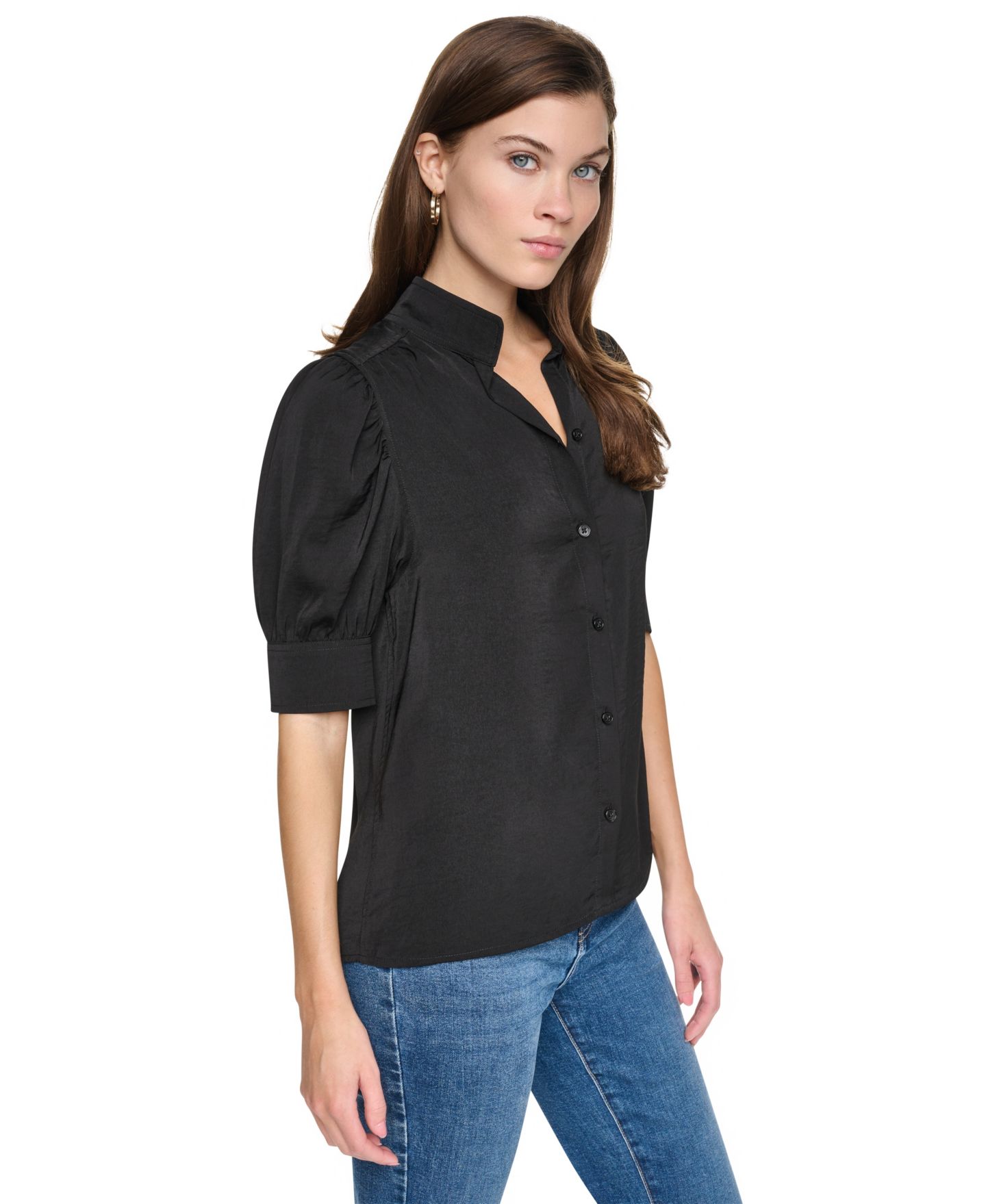 Женская рубашка DKNY Jeans Petite Puff-Sleeve Button-Front, цвет: Чёрный — фото 3