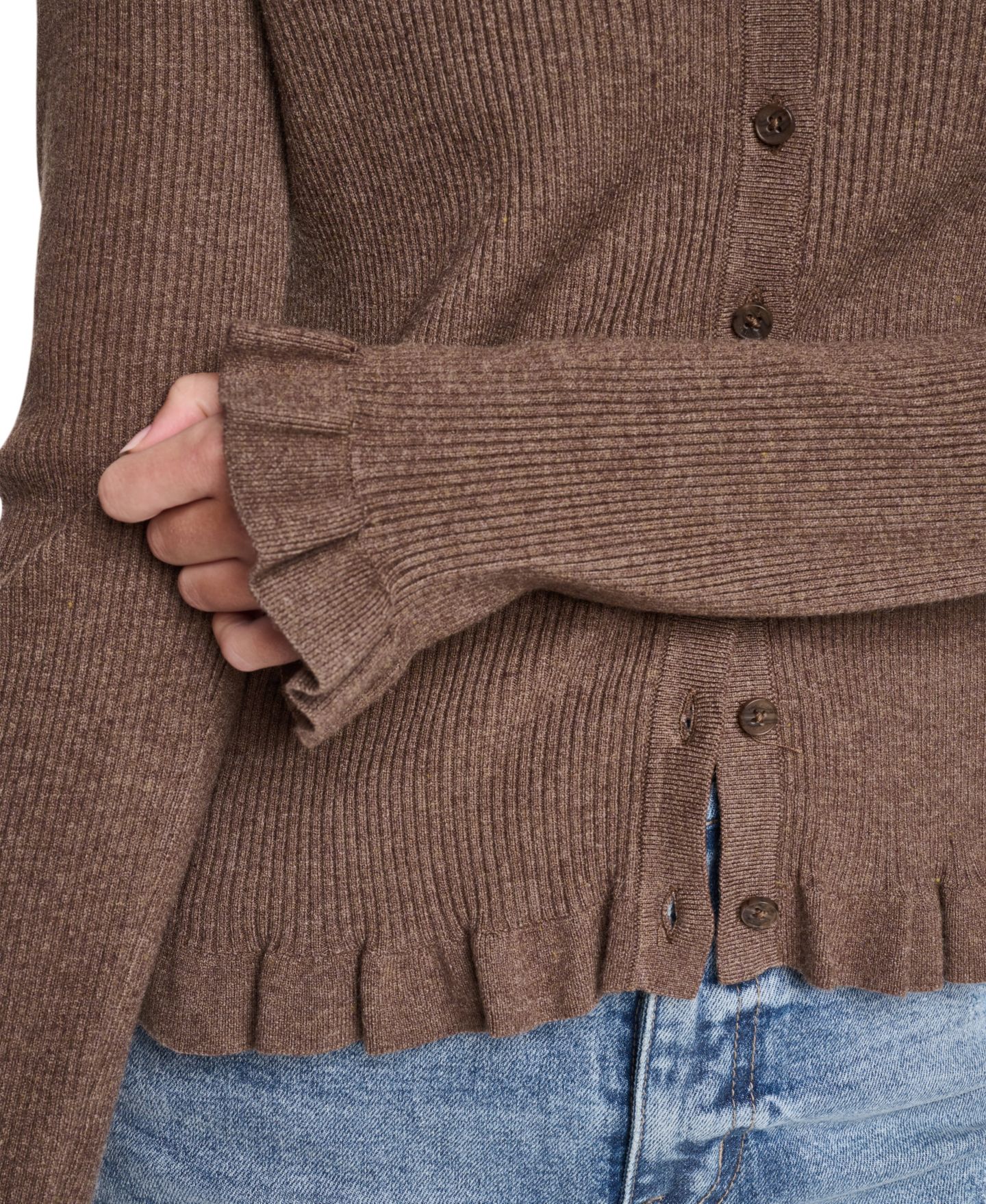 Женский кардиган DKNY Jeans Petite Ribbed Knit Ruffle Trim, цвет: Карамельный меланжевый — фото 4
