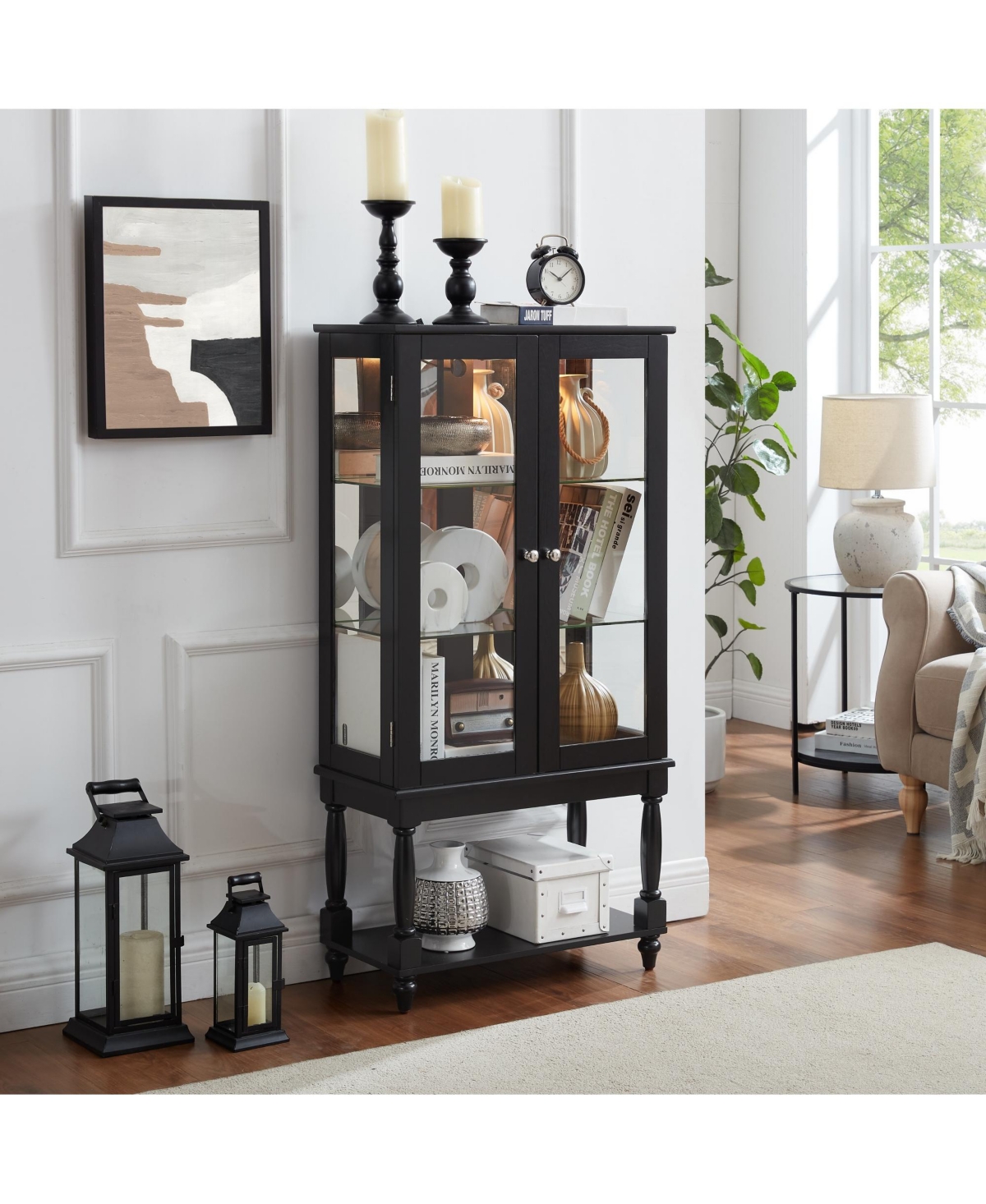 Clihome Lighted Curio Display Cabinet with Open Storage, Solid Wood Legs and Mirrored Back