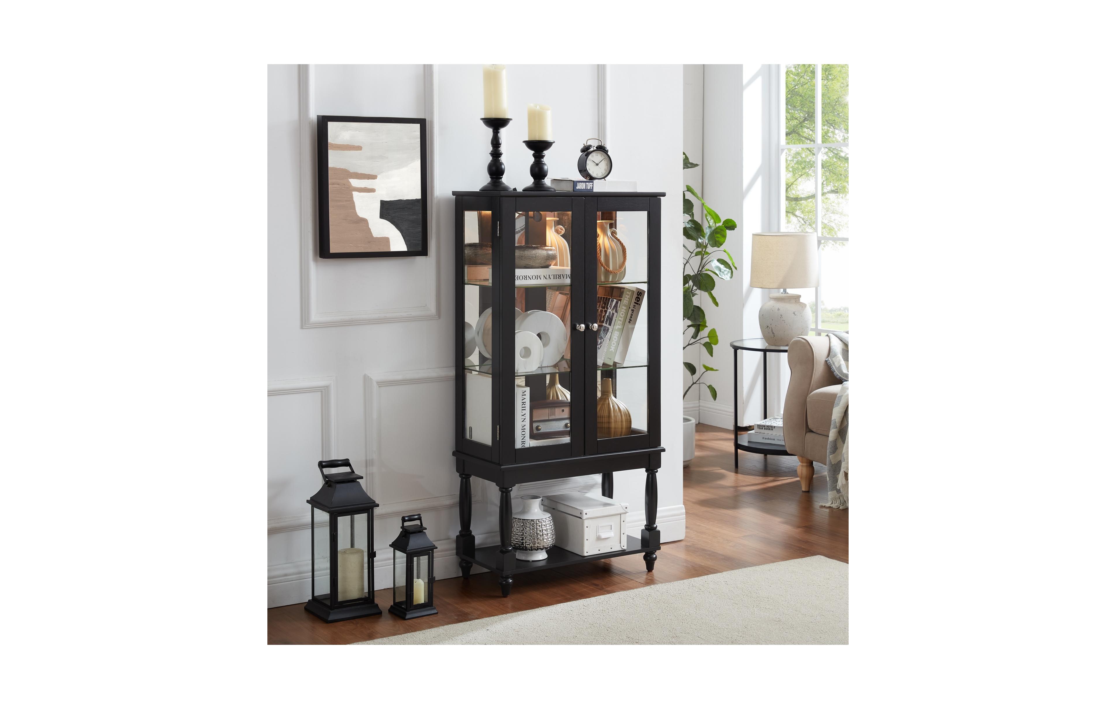 Clihome Lighted Curio Display Cabinet with Open Storage, Solid Wood Legs and Mirrored Back