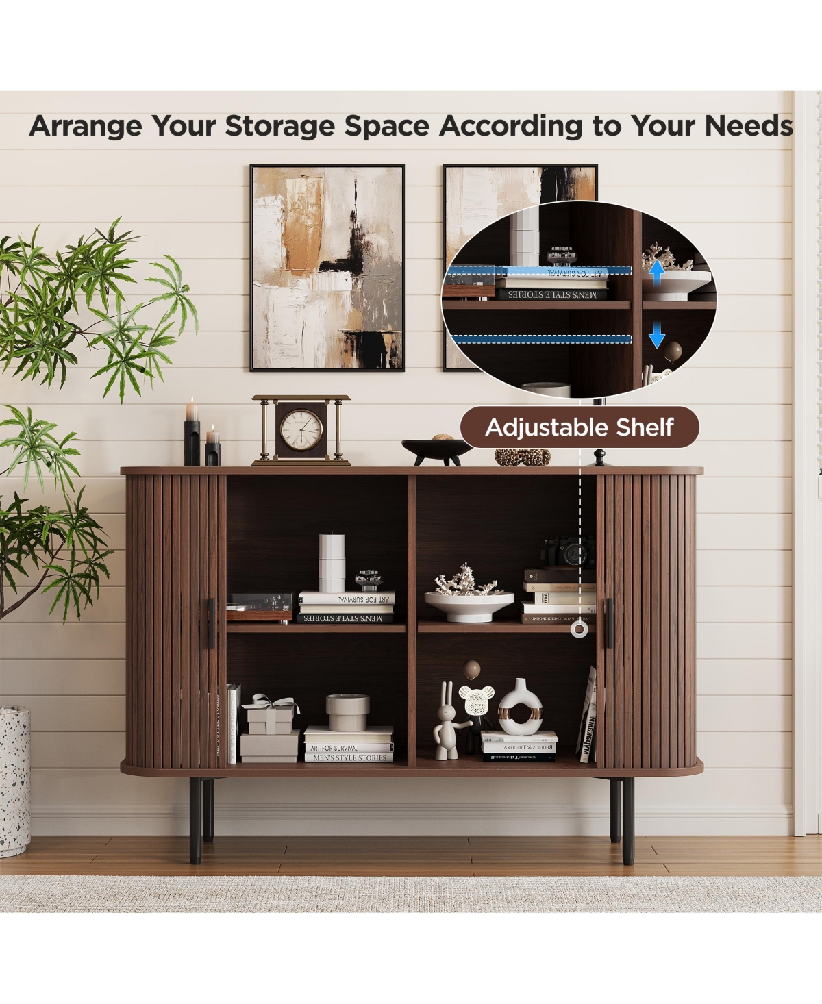 Vabches Buffet Sideboard Storage Cabinet, Fluted Credenza with Sliding Doors and Adjustable Shelves