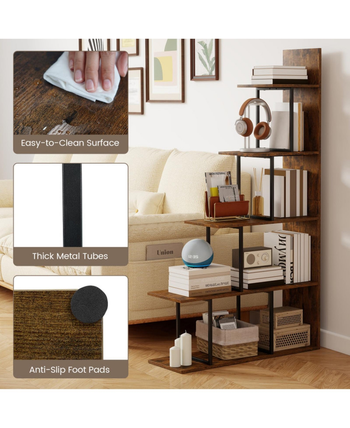 Sugift 5-Tier 62 in Tall Stepped Corner Bookshelf with Metal Frame