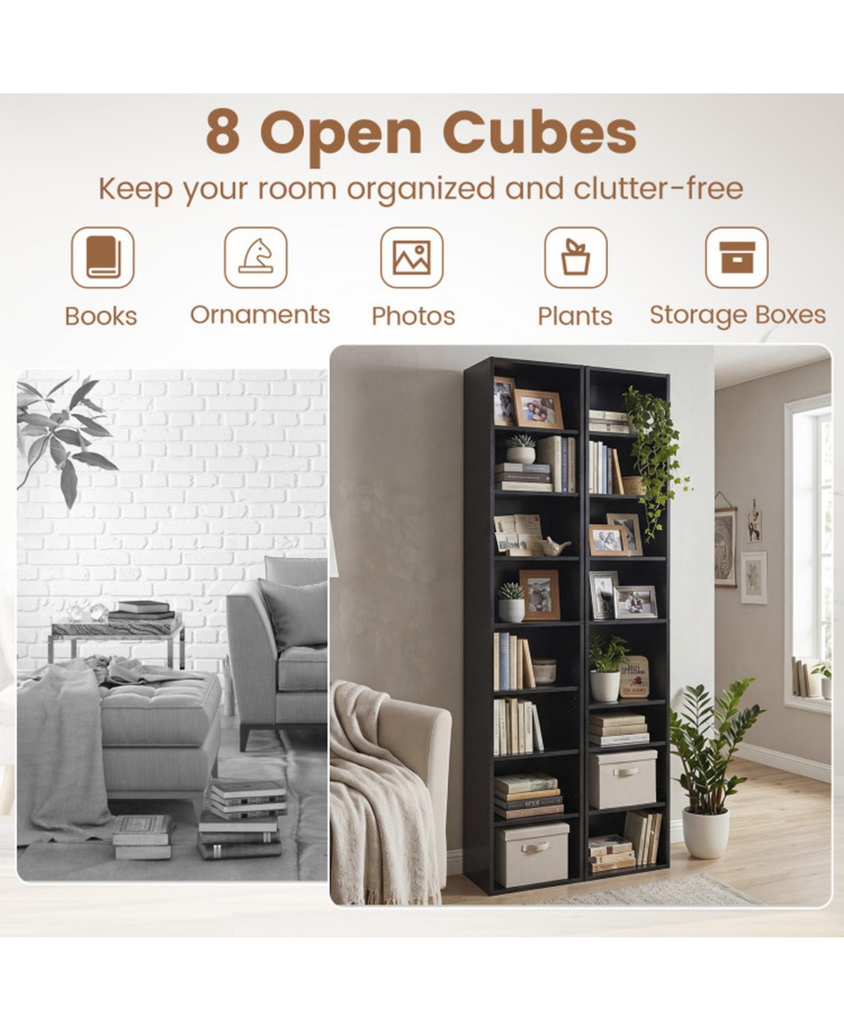 Sugift 8-Tier Narrow Bookshelf with 4 Adjustable Shelves and Storage Cubes