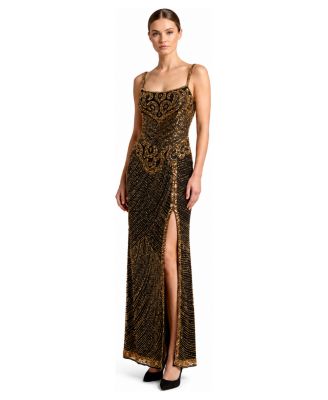 Women's Spaghetti-Strap Beaded Gown with Side Slit
