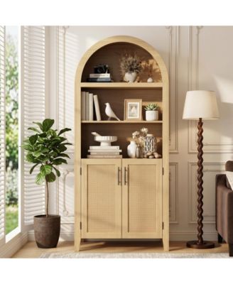 Arched Kitchen Pantry Storage Cabinet - 5-Tier Open Display Shelf with Rattan Decor, Farmhouse Storage Cabinet for Kitchen, Dining Room, Living Room