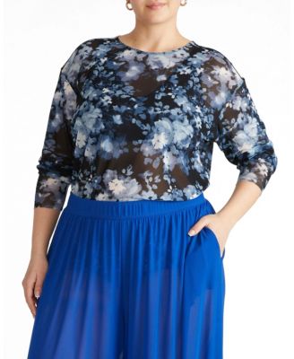 Plus Size Sheer Mesh Floral-Print Top