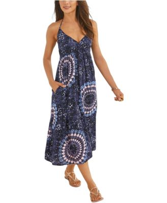 Women's Viscose Printed Halter Smocked Halter-Neck Midi Dress
