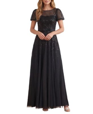 Women's Sequin Cascade Bow Short-Sleeve Gown