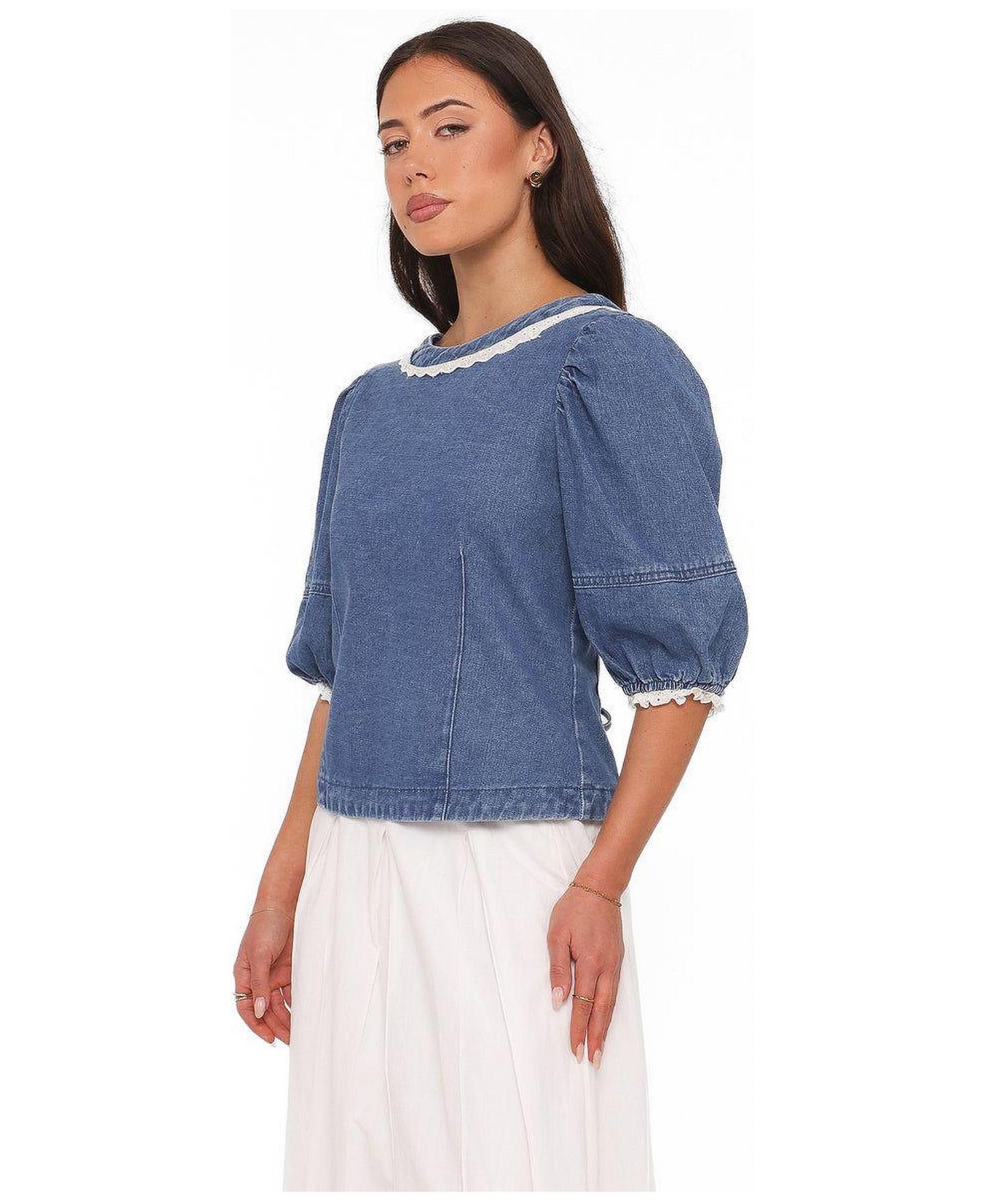 Женский топ Petal and Pup Merli Denim Open-Back Puff-Sleeve, цвет: Синяя средняя варка — фото 2
