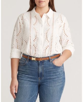 Plus Size Oversized Embroidered Eyelet Long-Sleeve Button-Down Shirt