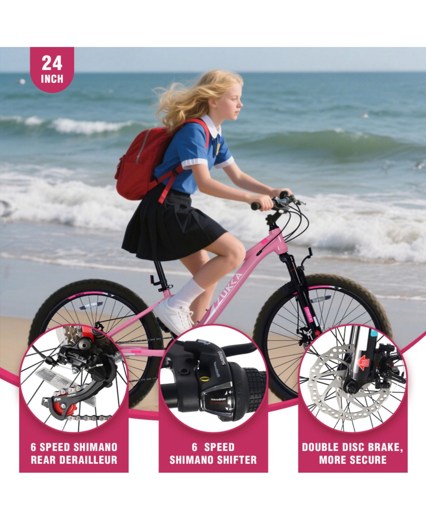 Детская игрушка ECHTPeak 24 Inch 6-Speed Mountain Bike with Suspension Fork, 220 lb. Capacity, 9–12 лет, цвет: Розовый — фото 5
