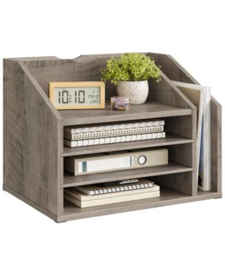 Rustic Brown Wooden Desk Organizer Adjustable Partitions Multi Layer Desktop File Holder
