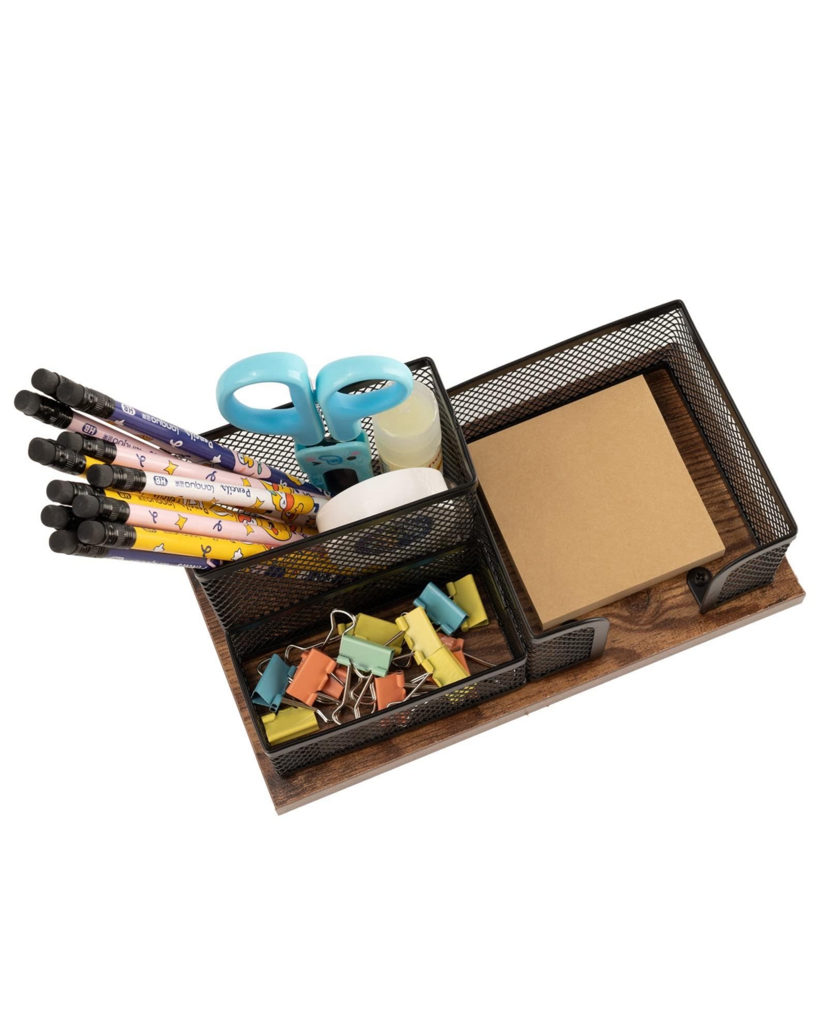 Danrong Antique Wood Mesh Desk Organizer 3 Compartment Pen Holder