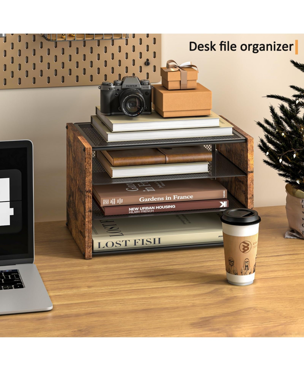 Danrong 3 Tier Stackable Metal Mesh Wooden Desk File Organizer Tray For Office Home School