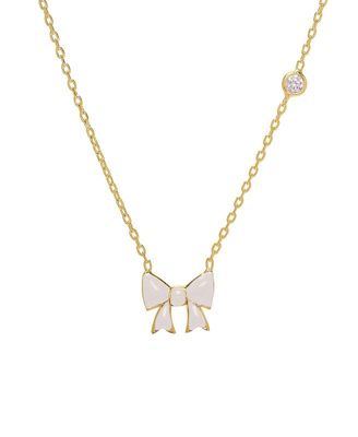 Girls Enamel Bow and Cubic Zirconia Bezel Station Necklace in 14k Gold
