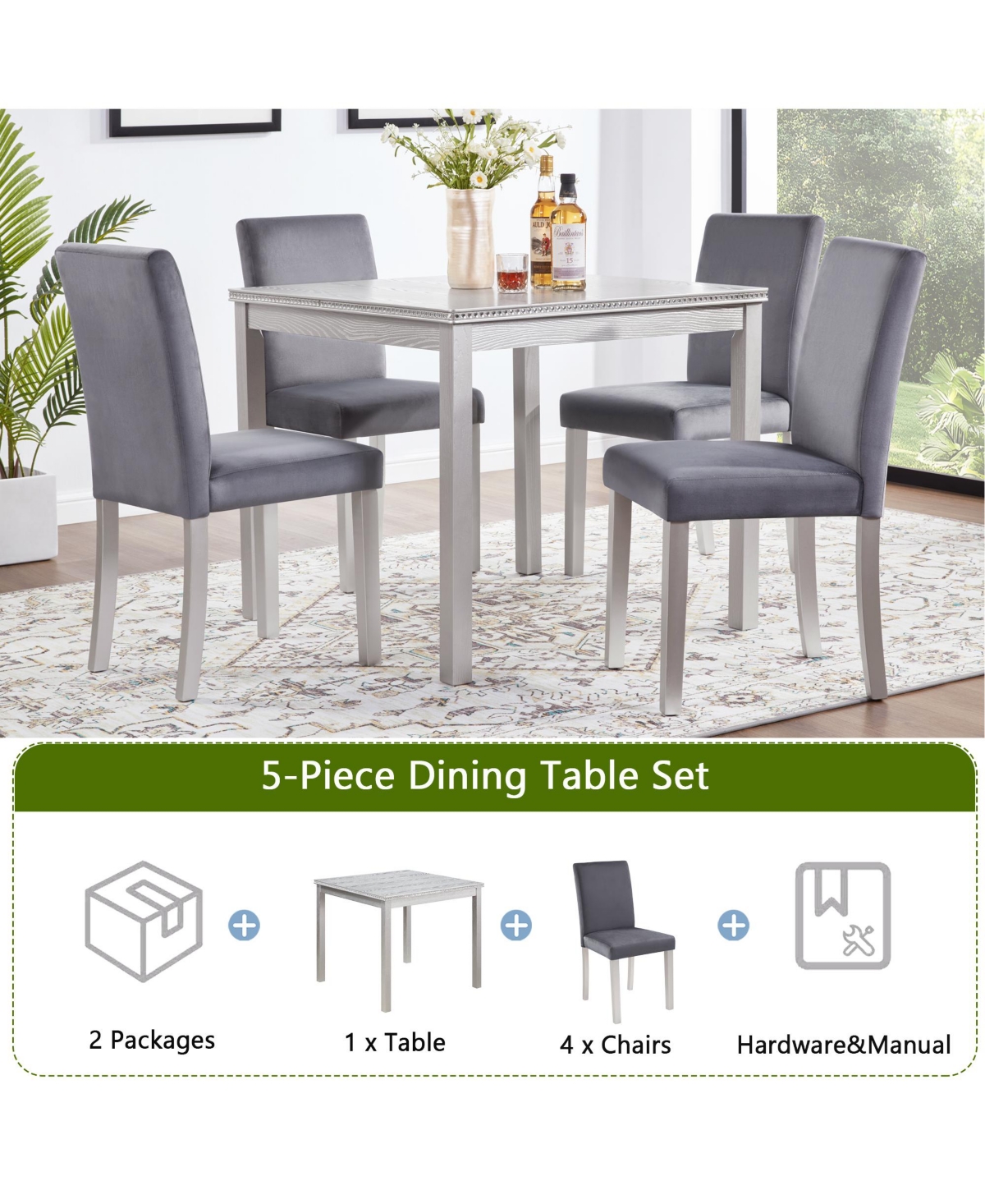 Flynama 5-Piece Wooden Dining Table Set with Upholstered Chairs, Crystal Accent Square Dining Set for Kitchen and Dining Room
