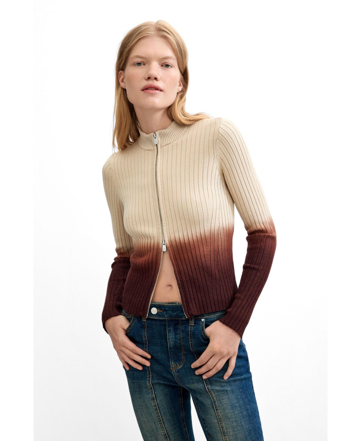 Desigual Women's Full-Zip Mock-Neck Ribbed Sweater