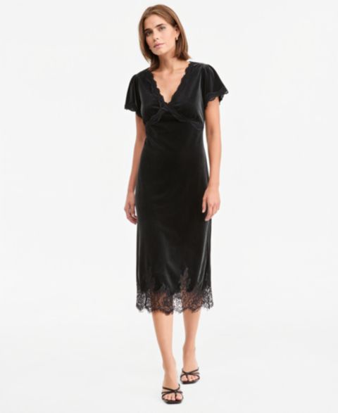 Женское платье And Now This Petite Velvet Lace-Trim Slip Midi, цвет: Глубокий чёрный