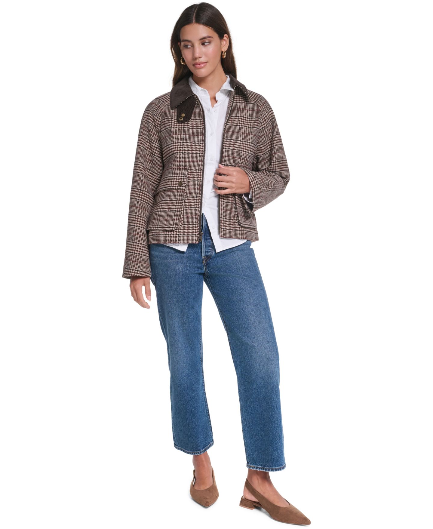 Женская куртка Levi's Plaid Wool-Blend Zip-Front, цвет: Коричневый комбинированный клетчатый — фото 2