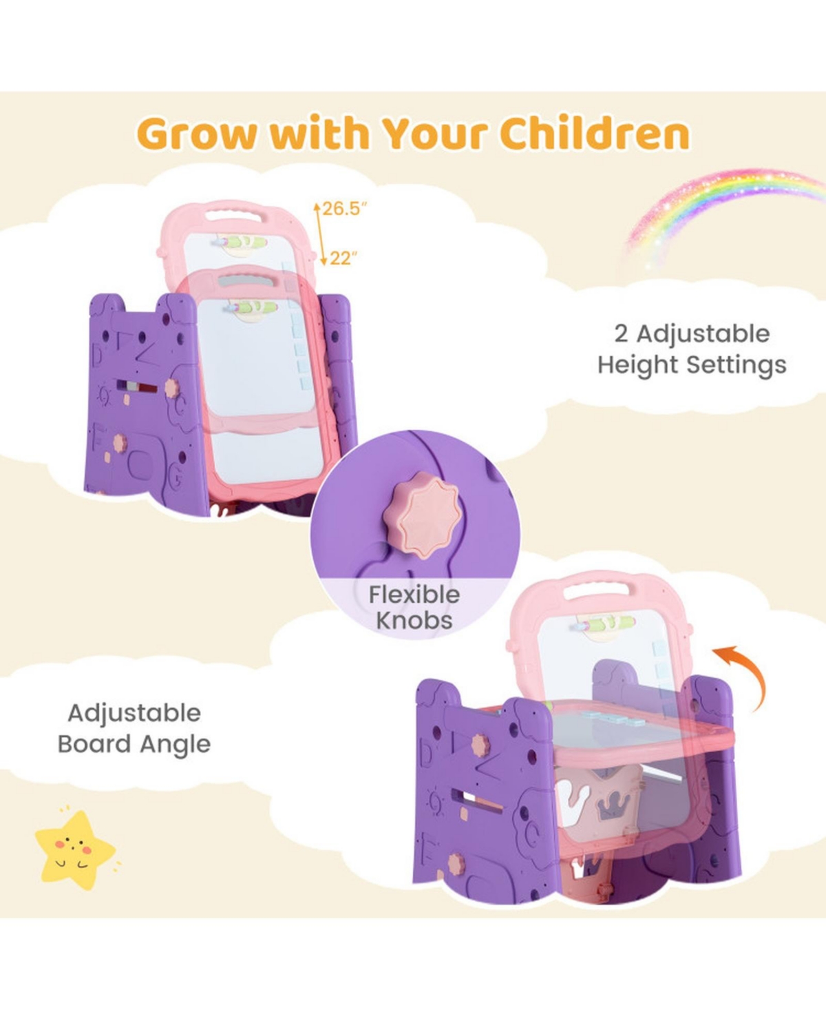 Sugift 4-in-1 Kids Art Double-Sided Magnetic Adjustable Easel