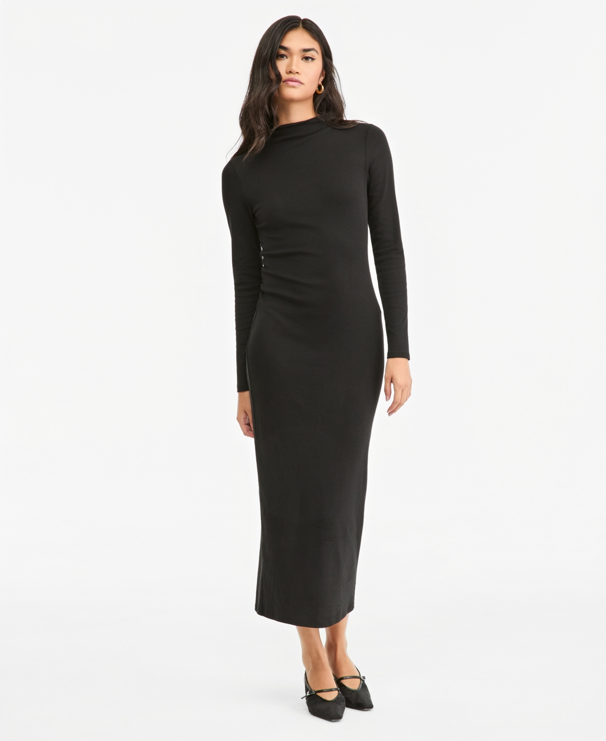 Bar Iii Women's Long-Sleeve Ribbed Mock-Neck Sweater Dress, Macy's Exclusive - Black