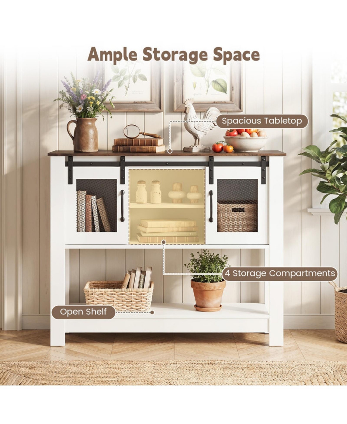 Sugift Farmhouse Console Table with Sliding Barn Doors and 4 Storage Compartments