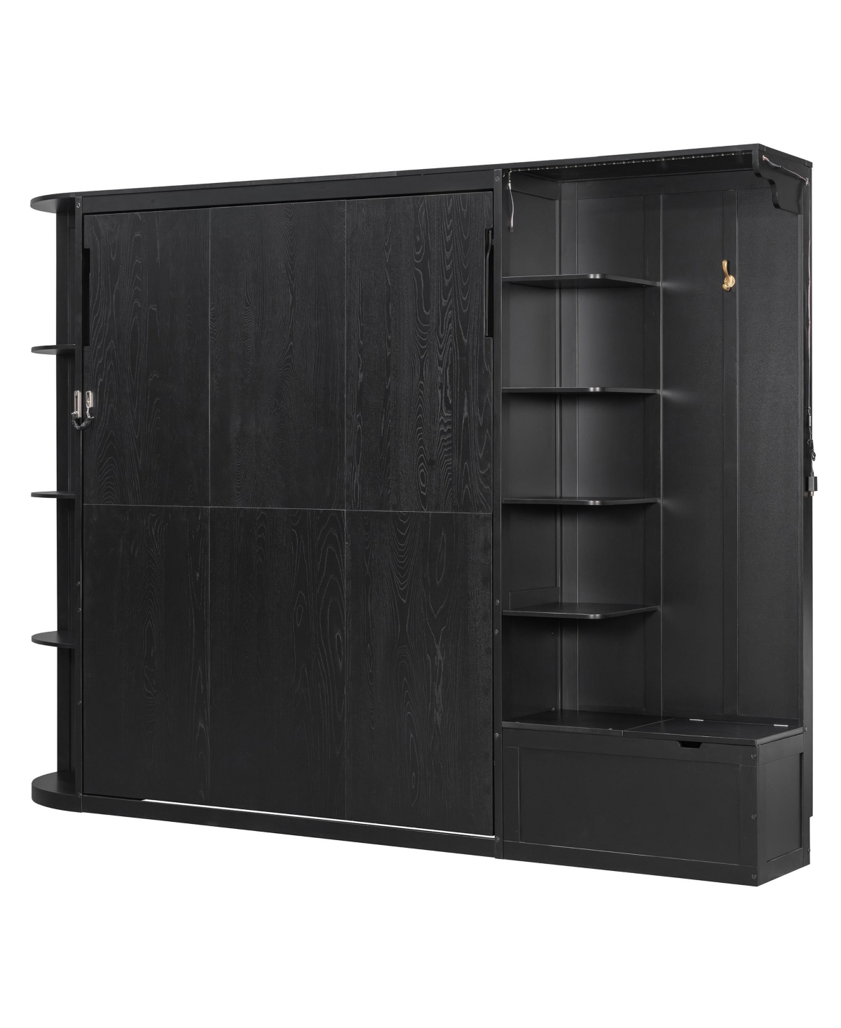 Clihome Queen Murphy Bed with Storage and Lights, Hidden Fold-Out Legs, Oak Veneer Finish, Built-in Shelves Cabinets