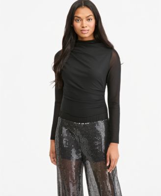 Women's Long-Sleeve Asymmetrical-Pleating Mock-Neck Bodysuit