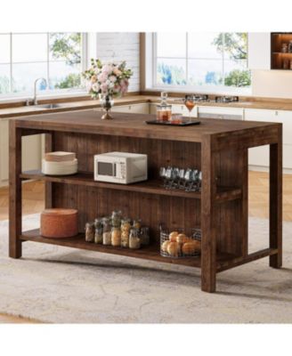 59" Solid Wood Kitchen Island with Open Shelves