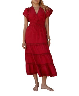 Women's V-Neck Short-Sleeve Ruffle Cotton Maxi Dress