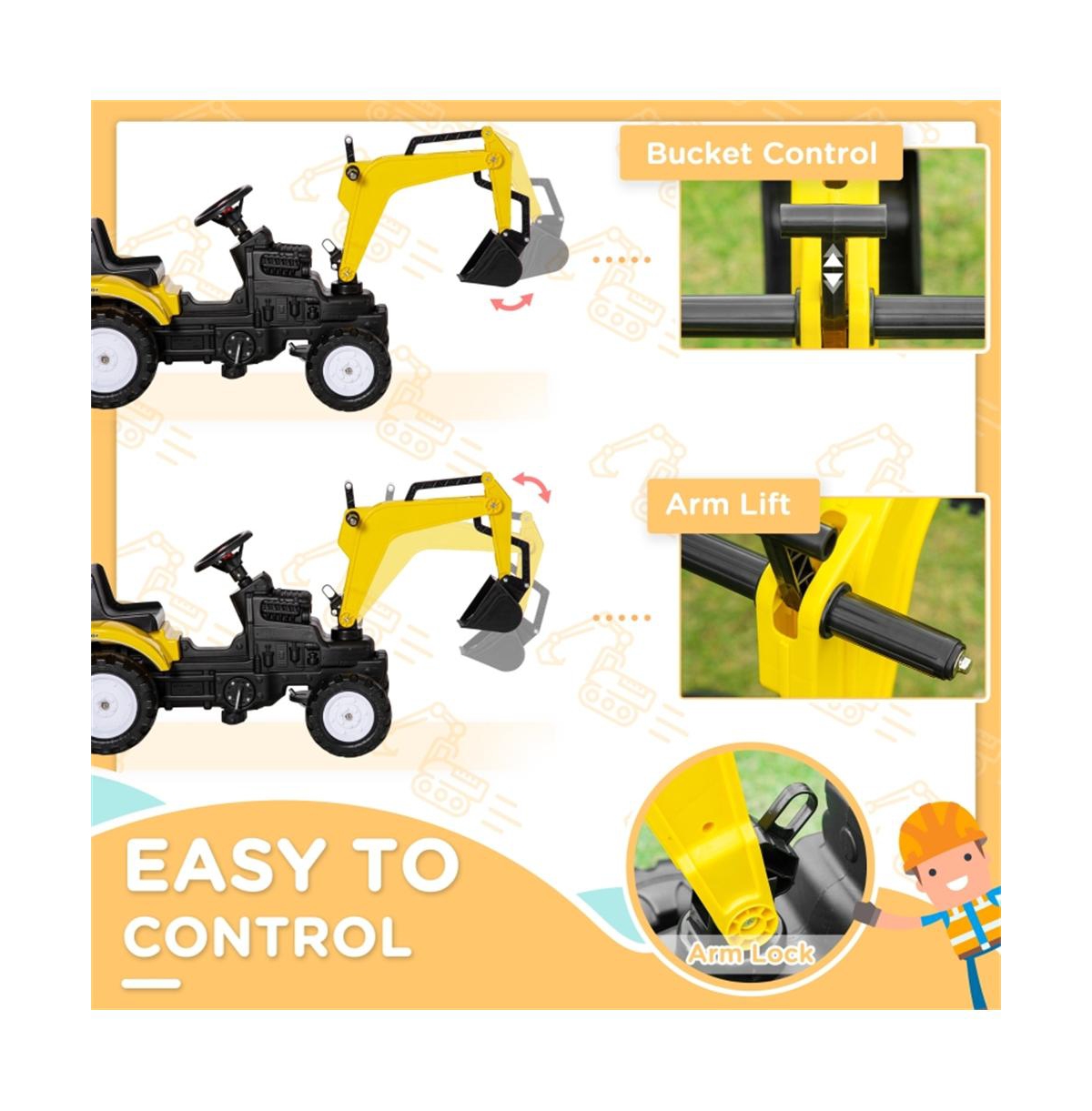 Sevorley Toddler Foot-To-Floor Ride-On Excavator with Working Bucket and Horn, 42.25"L x 16.5"W x 28"H, Ages 6+