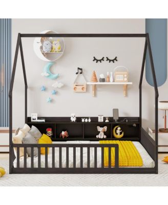 Full House Floor Bed with Storage, LED, Charging Station and Guardrails