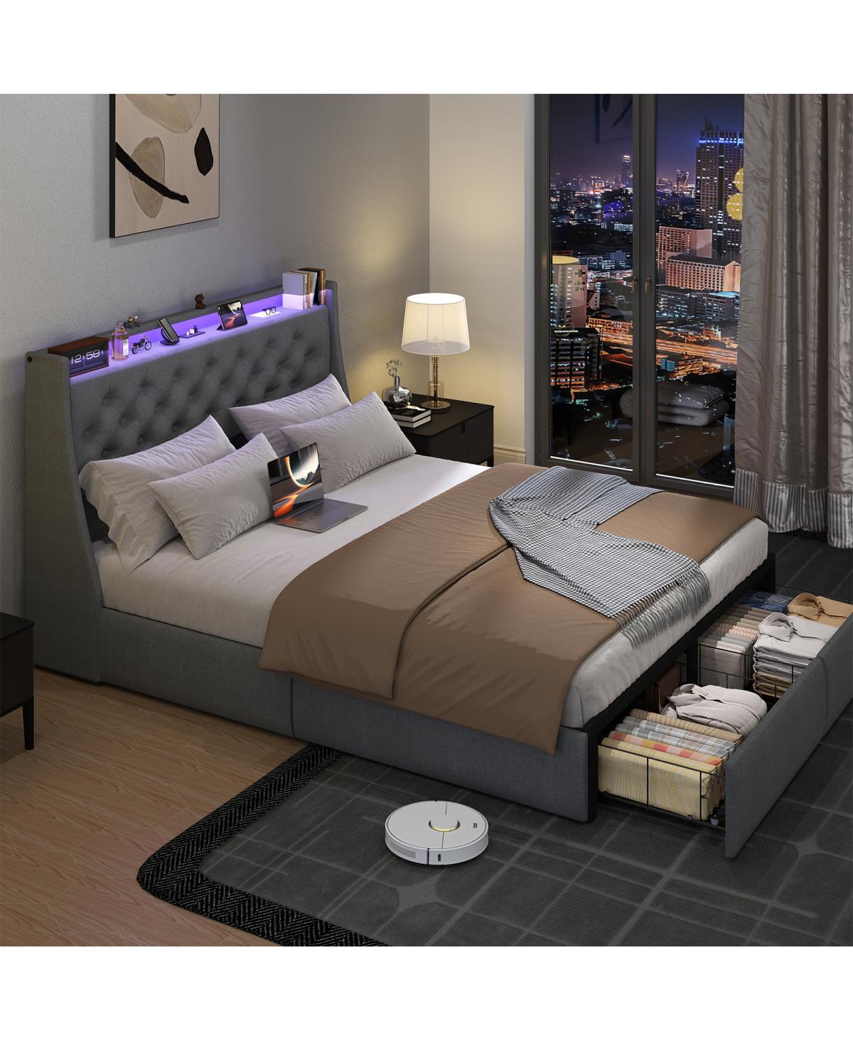 Streamdale Furniture Queen Led Upholstered Platform Bed with Storage Drawers and Charging Station